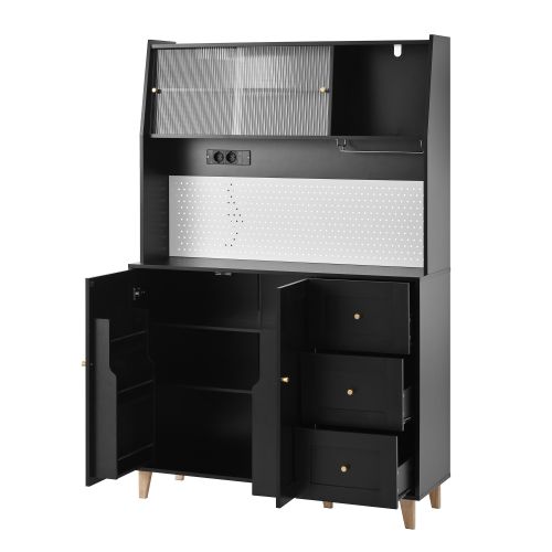 Buffet Haut, Buffet De Cuisine Noir 120x40x184 Cm Avec Tiroirs, Verre Cannelé Et Prises USB/type-c