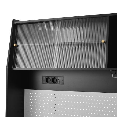 Buffet Haut, Buffet De Cuisine Noir 120x40x184 Cm Avec Tiroirs, Verre Cannelé Et Prises USB/type-c