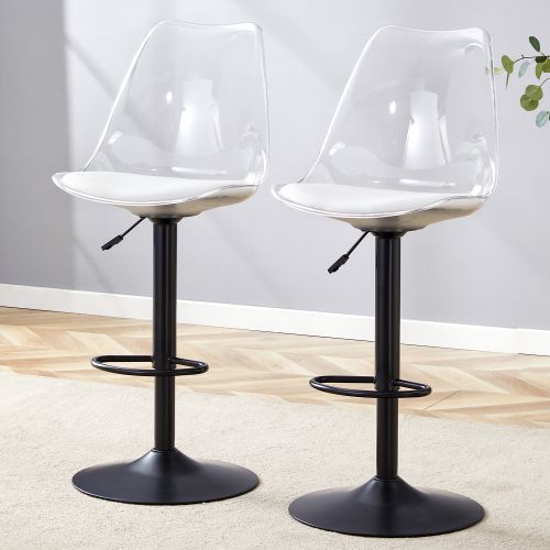 Lot De 2 Tabourets De Bar Réglables, Dossier Transparent, Assise En Pu, Noir