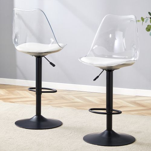Lot De 2 Tabourets De Bar Réglables, Dossier Transparent, Assise En Pu, Noir