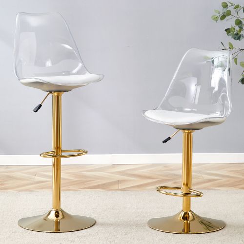 Lot De 2 Tabourets De Bar Réglables, Dossier Plastique Transparent, Assise En Pu, Doré