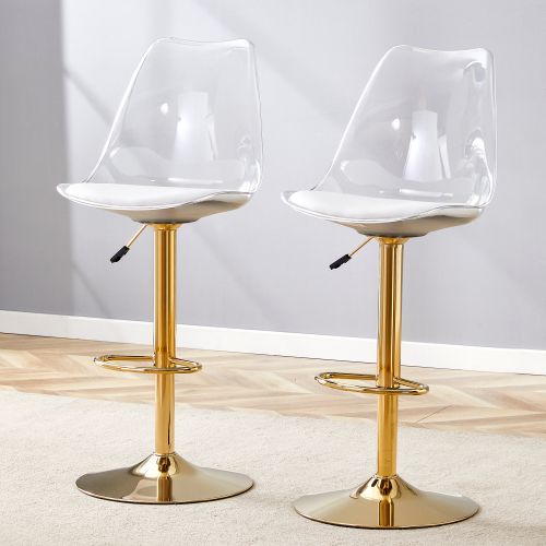 Lot De 2 Tabourets De Bar Réglables, Dossier Plastique Transparent, Assise En Pu, Doré