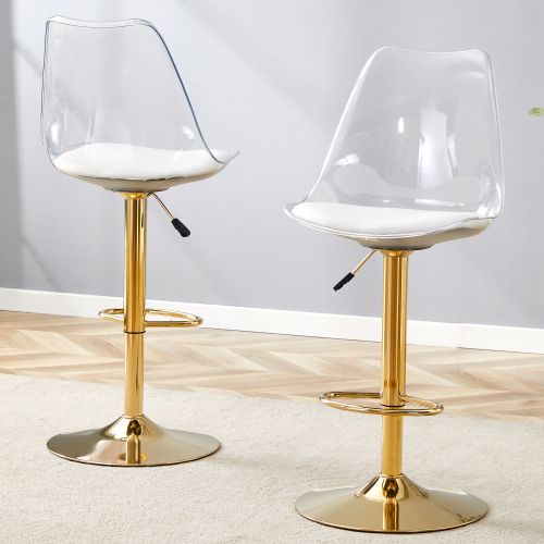 Lot De 2 Tabourets De Bar Réglables, Dossier Plastique Transparent, Assise En Pu, Doré