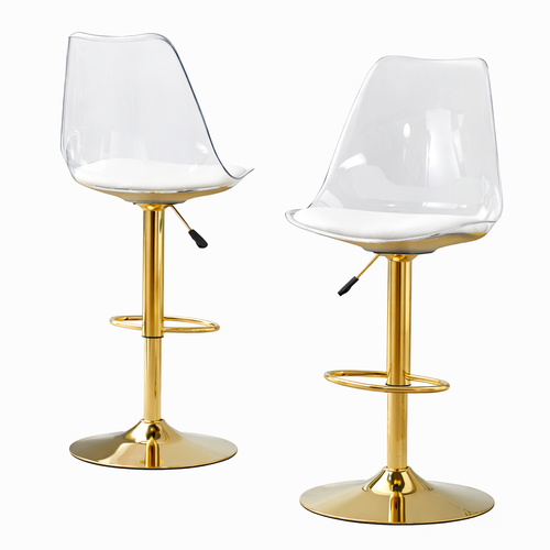 Lot De 2 Tabourets De Bar Réglables, Dossier Plastique Transparent, Assise En Pu, Doré