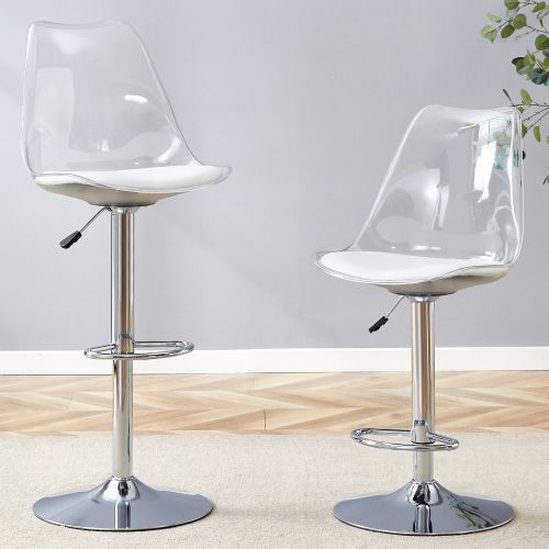 Lot De 2 Tabourets De Bar Réglables, Dossier Transparent, Assise En Pu, Argenté