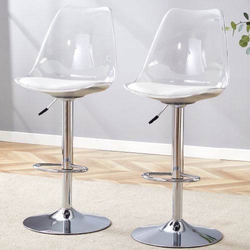 Lot De 2 Tabourets De Bar Réglables, Dossier Transparent, Assise En Pu, Argenté