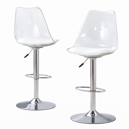 Lot De 2 Tabourets De Bar Réglables, Dossier Transparent, Assise En Pu, Argenté