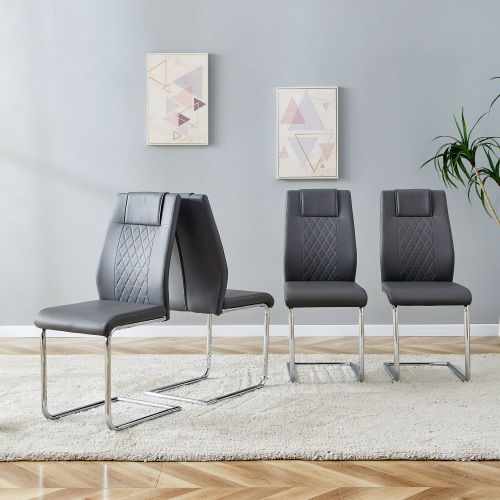 Lot De 4 Chaises De Salle à Manger, Revêtement Pu, Pieds Métal, Gris Foncé