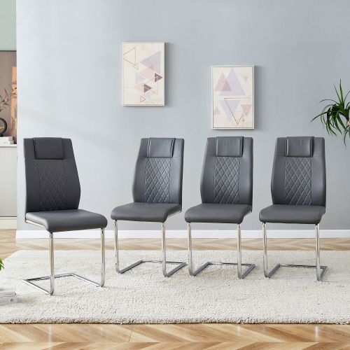 Lot De 4 Chaises De Salle à Manger, Revêtement Pu, Pieds Métal, Gris Foncé