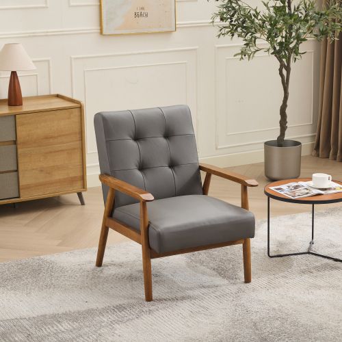 Fauteuil Fixe En Cuir, Accoudoirs Effet Noyer, Pieds En Bois, Gris