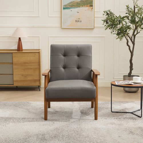 Fauteuil Fixe En Cuir, Accoudoirs Effet Noyer, Pieds En Bois, Gris
