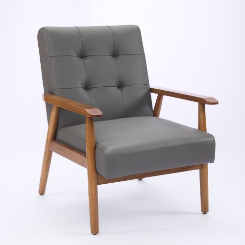 Fauteuil Fixe En Cuir, Accoudoirs Effet Noyer, Pieds En Bois, Gris