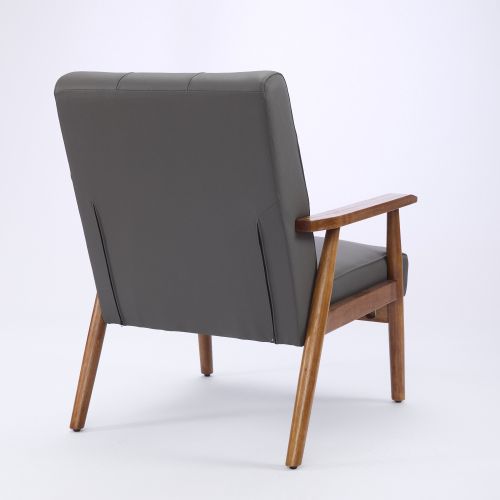 Fauteuil Fixe En Cuir, Accoudoirs Effet Noyer, Pieds En Bois, Gris