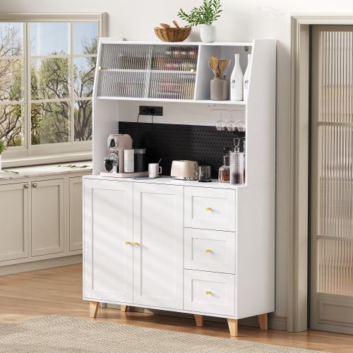 Buffet De Cuisine Haut Blanc 120x40x184 Cm, 3 Tiroirs, Porte-verres, Prises+usb/type-c