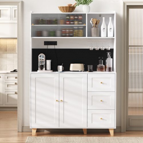 Buffet De Cuisine Haut Blanc 120x40x184 Cm, 3 Tiroirs, Porte-verres, Prises+usb/type-c