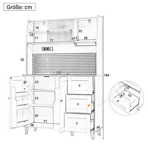 Buffet De Cuisine Haut Blanc 120x40x184 Cm, 3 Tiroirs, Porte-verres, Prises+usb/type-c