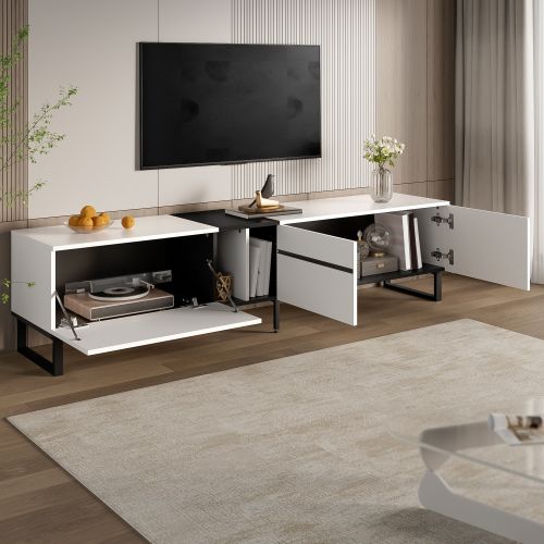 Meuble TV Moderne 180 Cm Avec 1 Compartiment Abattant, 2 Niche Ouverte Et 2 Portes, Blanc