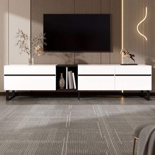 Meuble TV Moderne 180 Cm Avec 1 Compartiment Abattant, 2 Niche Ouverte Et 2 Portes, Blanc