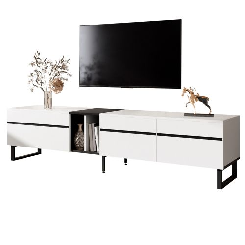 Meuble TV Moderne 180 Cm Avec 1 Compartiment Abattant, 2 Niche Ouverte Et 2 Portes, Blanc
