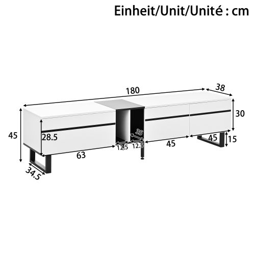 Meuble TV Moderne 180 Cm Avec 1 Compartiment Abattant, 2 Niche Ouverte Et 2 Portes, Blanc