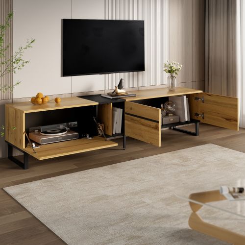 Meuble TV 180 Cm Avec 1 Abattant, 2 Portes, 2 Niche Ouverte, Couleur Bois