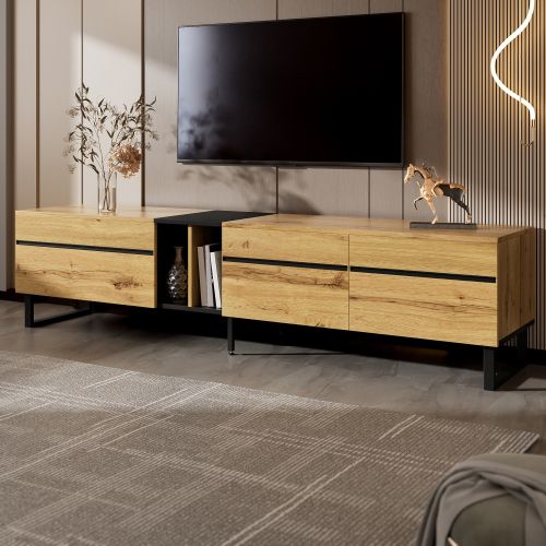 Meuble TV 180 Cm Avec 1 Abattant, 2 Portes, 2 Niche Ouverte, Couleur Bois