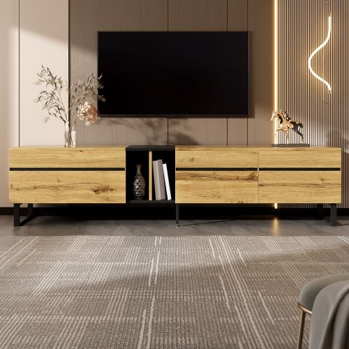 Meuble TV 180 Cm Avec 1 Abattant, 2 Portes, 2 Niche Ouverte, Couleur Bois