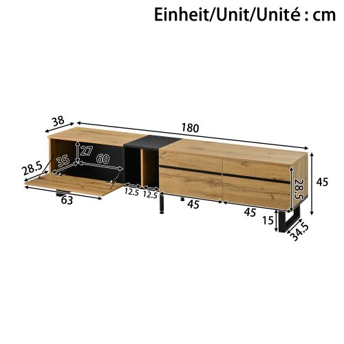 Meuble TV 180 Cm Avec 1 Abattant, 2 Portes, 2 Niche Ouverte, Couleur Bois