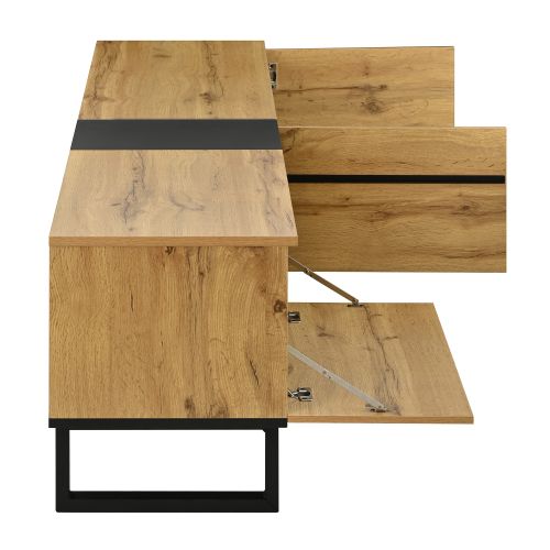 Meuble TV 180 Cm Avec 1 Abattant, 2 Portes, 2 Niche Ouverte, Couleur Bois