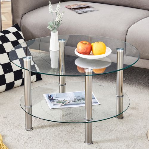 Table Basse Ronde à 2 Niveaux En Verre Trempé Et Métal Argenté
