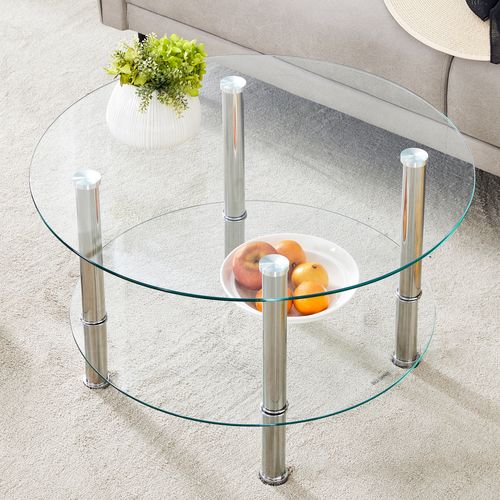 Table Basse Ronde à 2 Niveaux En Verre Trempé Et Métal Argenté