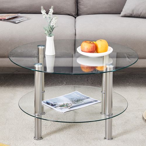 Table Basse Ronde à 2 Niveaux En Verre Trempé Et Métal Argenté