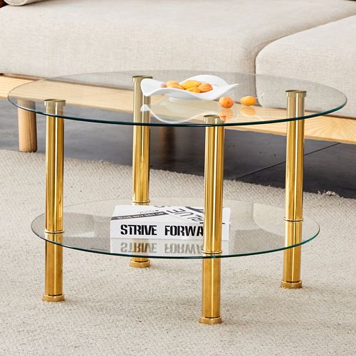 Table Basse Ronde 70 Cm En Verre à 2 Niveaux, Structure En Métal Doré