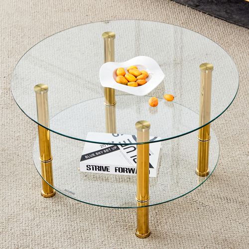 Table Basse Ronde 70 Cm En Verre à 2 Niveaux, Structure En Métal Doré