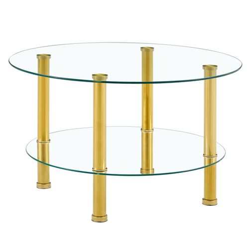 Table Basse Ronde 70 Cm En Verre à 2 Niveaux, Structure En Métal Doré