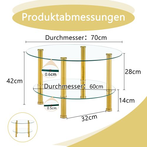 Table Basse Ronde 70 Cm En Verre à 2 Niveaux, Structure En Métal Doré
