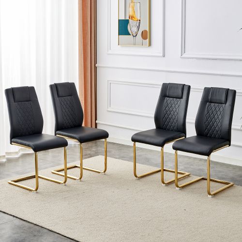 Lot De 4 Chaises De Salle à Manger, En Simili, Pieds Métal, Noir Et Doré
