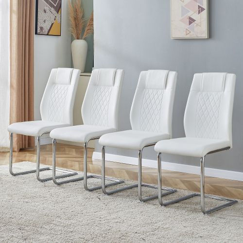 Lot De 4 Chaises De Salle à Manger, En Pu, Pieds Métal, Blanc Et Argenté