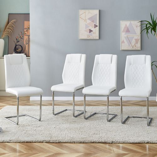 Lot De 4 Chaises De Salle à Manger, En Pu, Pieds Métal, Blanc Et Argenté