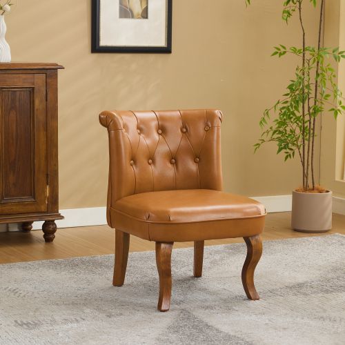 Chaise De Salle à Manger En Cuir, Dossier Capitonné, Pieds En Bois, Marron Clair