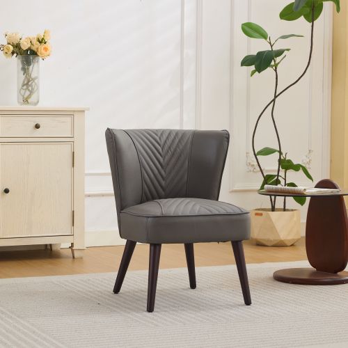 Fauteuil Fixe Sans Accoudoirs En Cuir, Piètement En Bois Massif, Gris