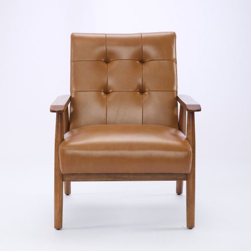 Fauteuil Fixe En Cuir, Coutures Pull-point, Structure En Bois, Marron Clair