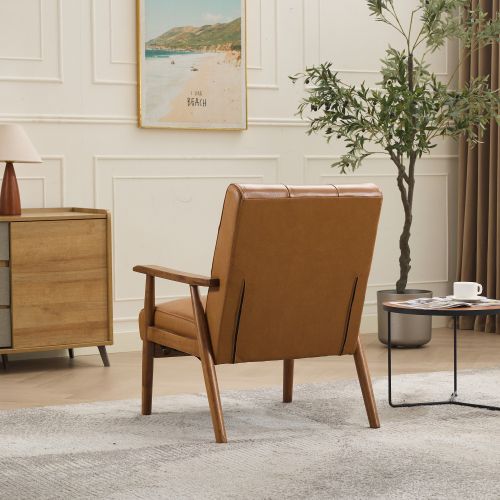 Fauteuil Fixe En Cuir, Coutures Pull-point, Structure En Bois, Marron Clair