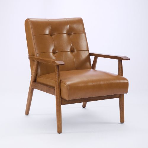 Fauteuil Fixe En Cuir, Coutures Pull-point, Structure En Bois, Marron Clair