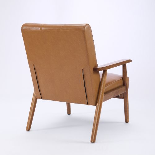 Fauteuil Fixe En Cuir, Coutures Pull-point, Structure En Bois, Marron Clair