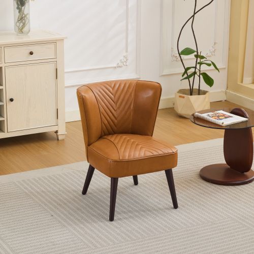Fauteuil Fixe En Cuir, Piètement En Bois Massif, Marron Clair