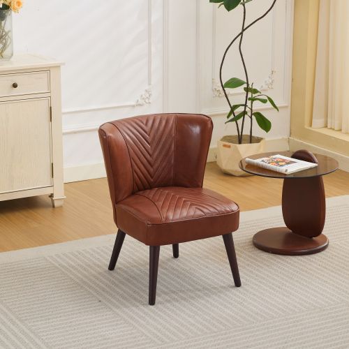 Fauteuil Fixe En Cuir, Piètement En Bois Massif, Marron