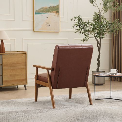 Fauteuil Fixe En Cuir, Surpiqûres Décoratives, Pieds En Bois, Marron