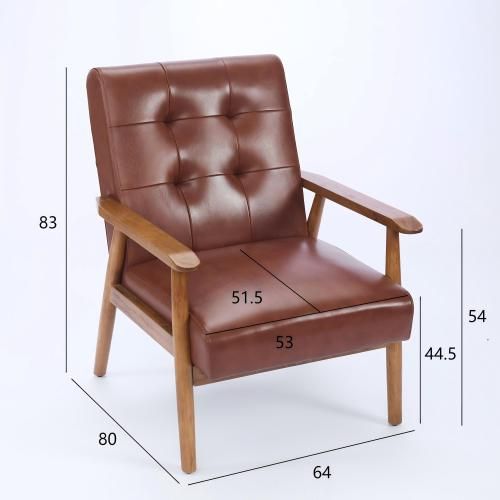 Fauteuil Fixe En Cuir, Surpiqûres Décoratives, Pieds En Bois, Marron