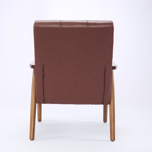 Fauteuil Fixe En Cuir, Surpiqûres Décoratives, Pieds En Bois, Marron